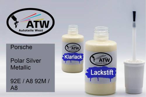 Porsche, Polar Silver Metallic, 92E / A8 92M / A8: 20ml Lackstift + 20ml Klarlack - Set, von ATW Autoteile West.